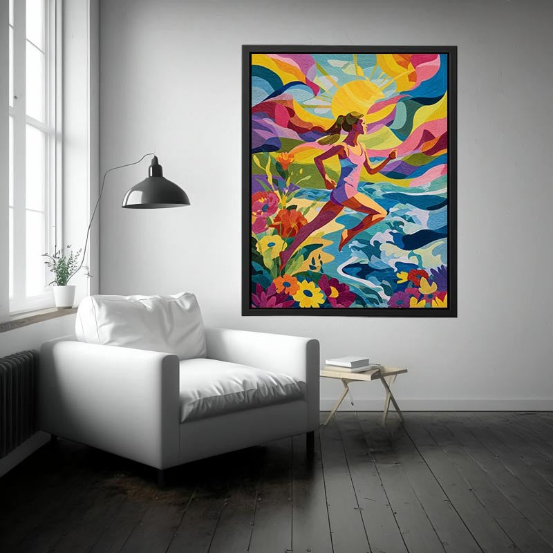 Colourful running woman canvas art with sun, waves and flowers for energetic modern room decor.
