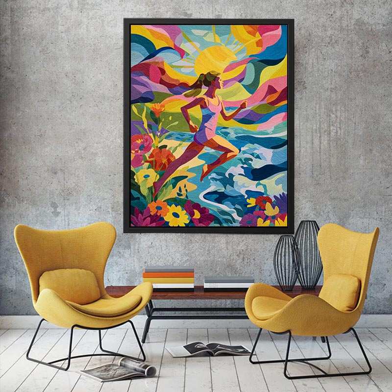 Colourful running woman canvas art with sun, waves and flowers for energetic modern room decor.