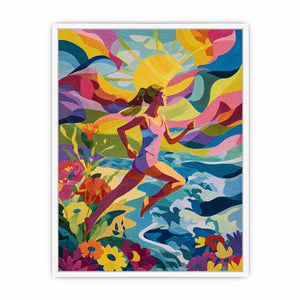 Colourful running woman canvas art with sun, waves and flowers for energetic modern room decor.