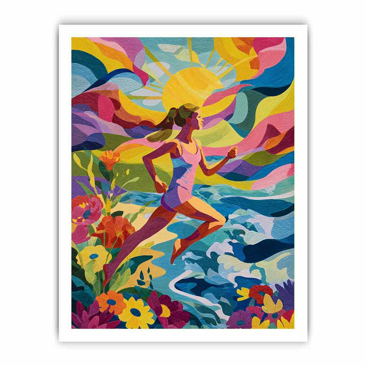 Colourful running woman canvas art with sun, waves and flowers for energetic modern room decor.