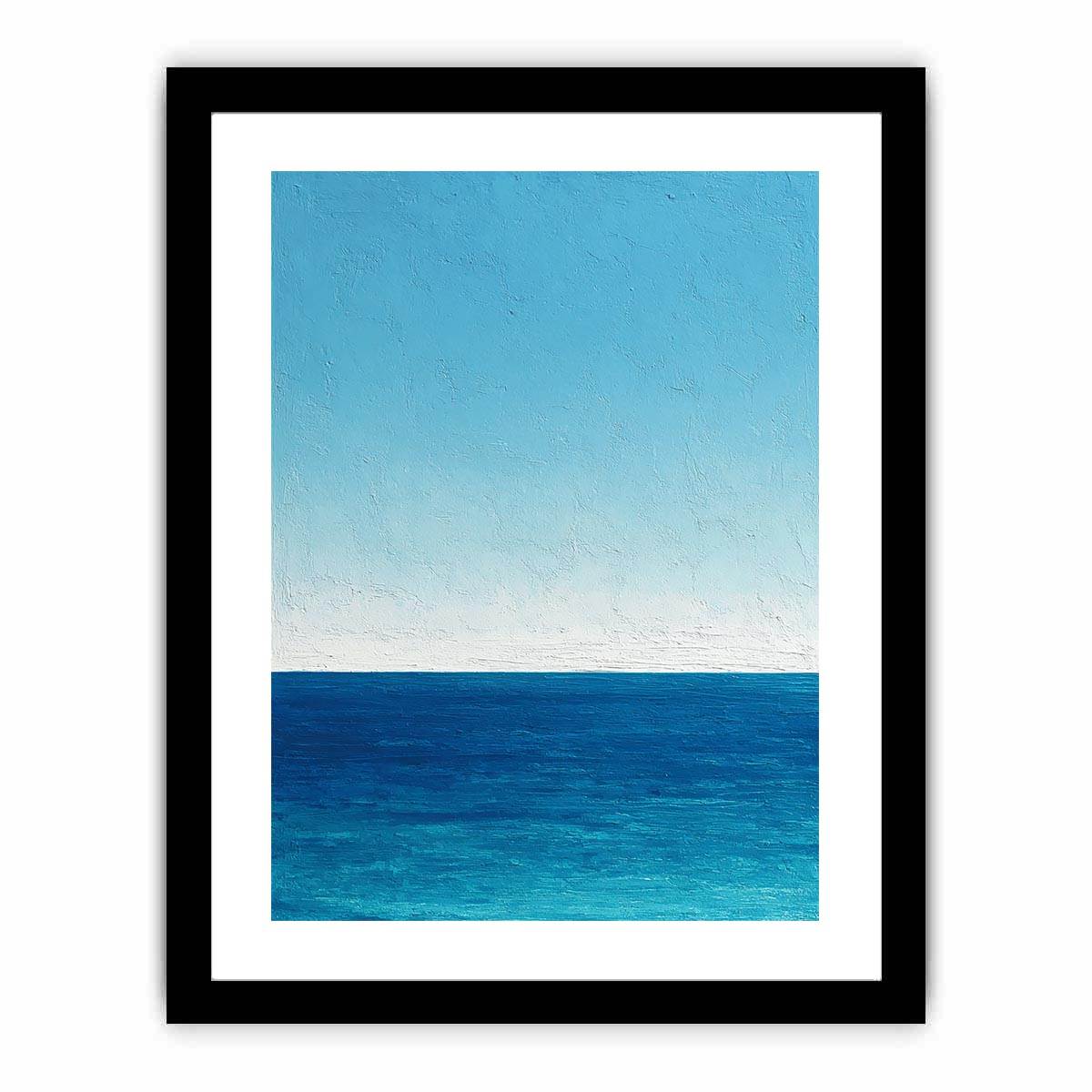 Minimalist blue ocean canvas art with calm horizon and textured sky for coastal bedroom decor.