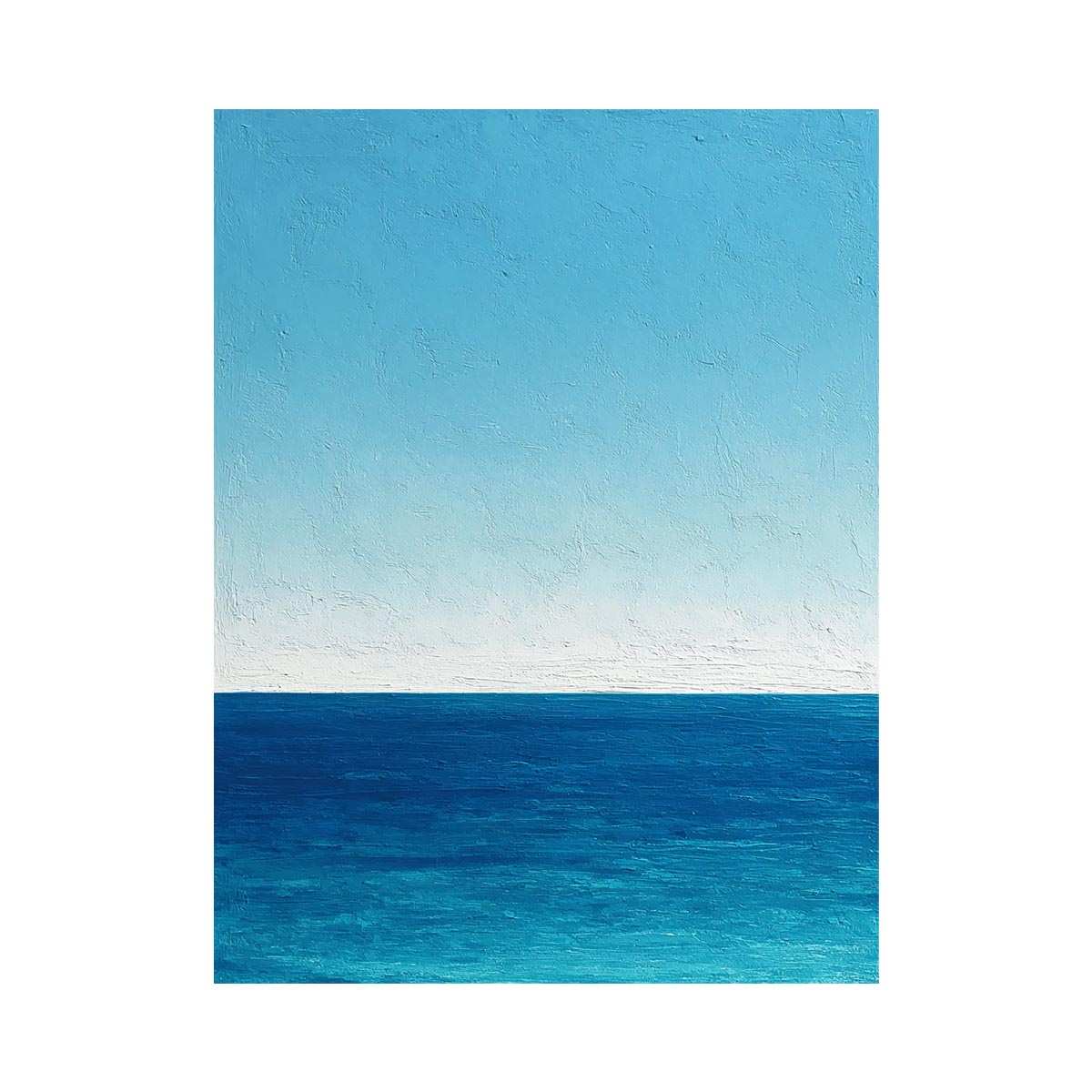 Minimalist blue ocean canvas art with calm horizon and textured sky for coastal bedroom decor.