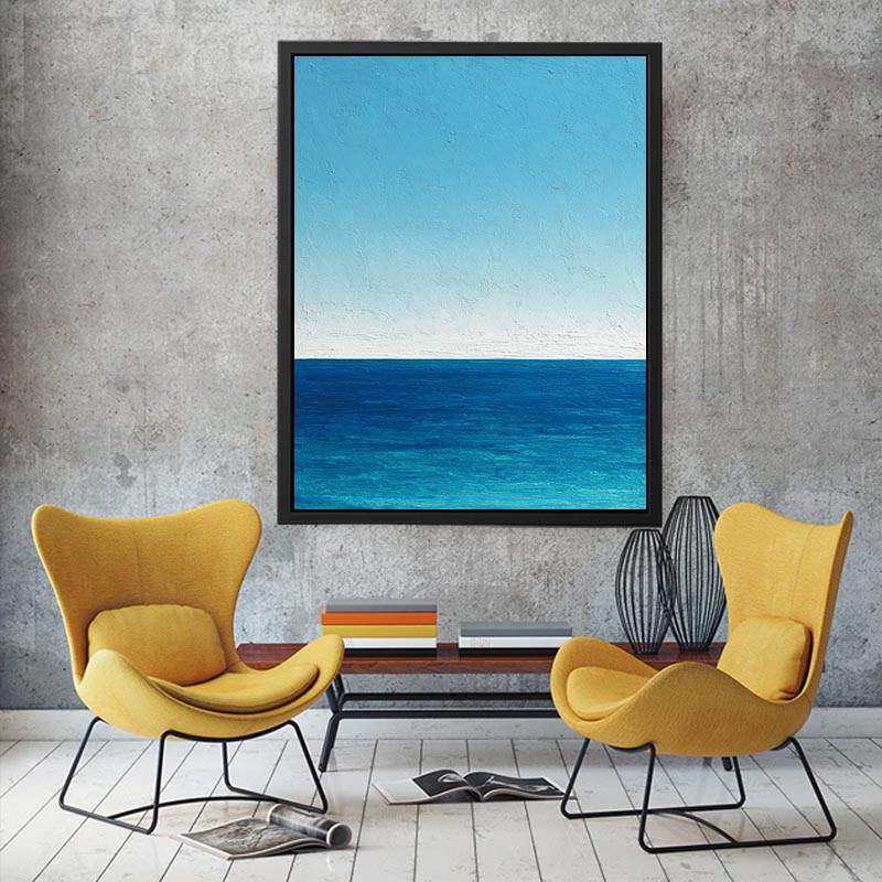 Minimalist blue ocean canvas art with calm horizon and textured sky for coastal bedroom decor.