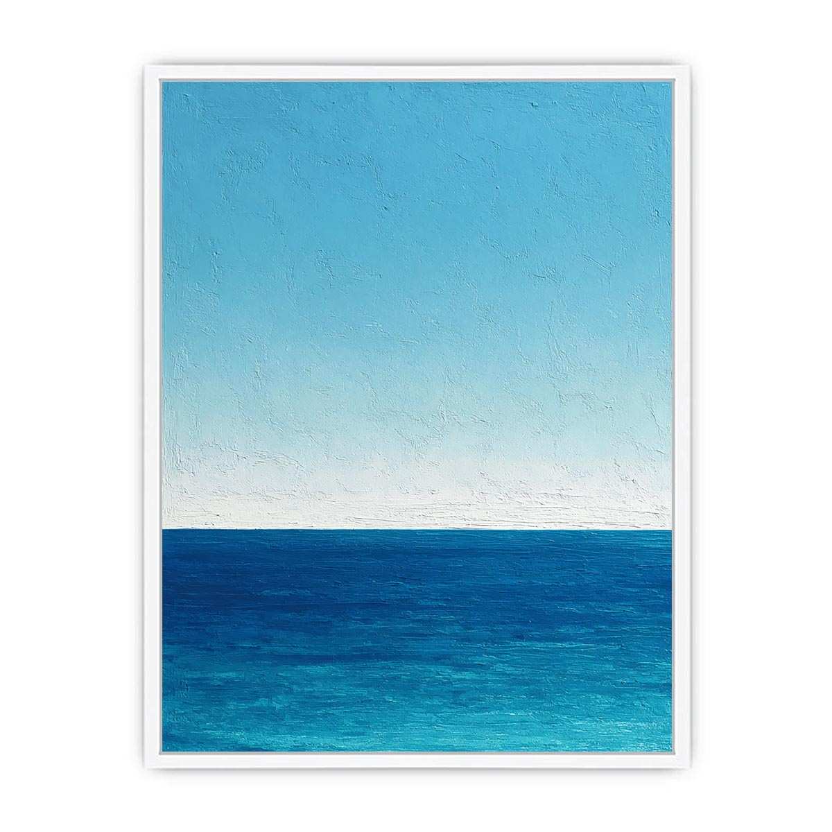Minimalist blue ocean canvas art with calm horizon and textured sky for coastal bedroom decor.