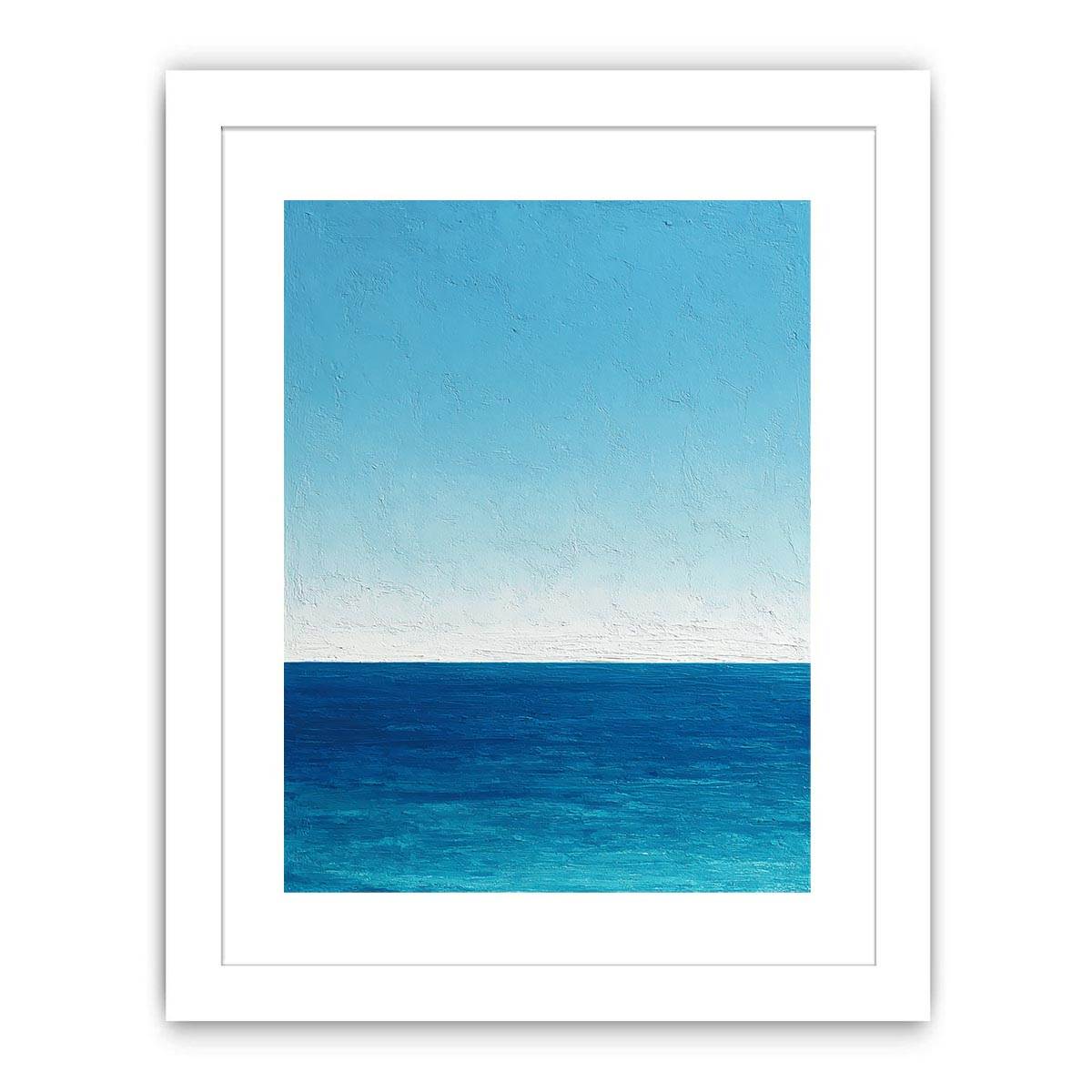 Minimalist blue ocean canvas art with calm horizon and textured sky for coastal bedroom decor.