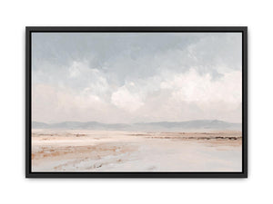 Soft neutral desert landscape canvas art with distant mountains and cloudy sky for calm bedroom decor.