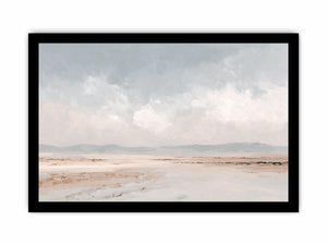 Soft neutral desert landscape canvas art with distant mountains and cloudy sky for calm bedroom decor.