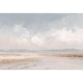 Soft neutral desert landscape canvas art with distant mountains and cloudy sky for calm bedroom decor.