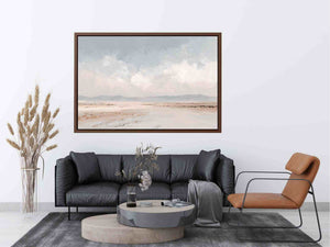 Soft neutral desert landscape canvas art with distant mountains and cloudy sky for calm bedroom decor.