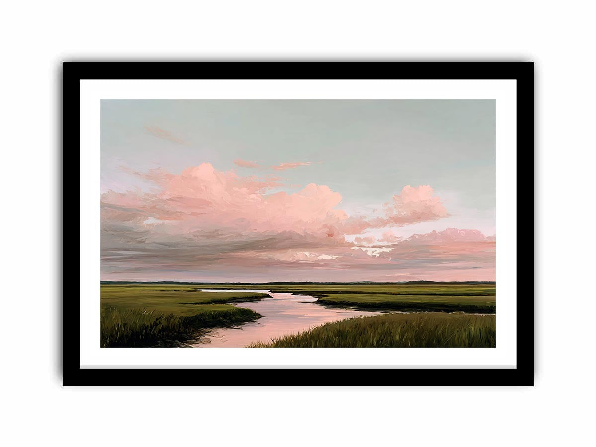 Soft pink marsh landscape canvas art for serene living room decor.