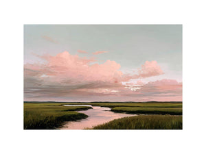 Soft pink marsh landscape canvas art for serene living room decor.
