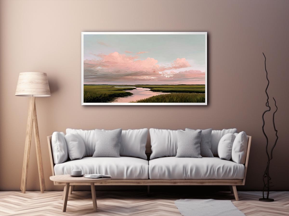 Soft pink marsh landscape canvas art for serene living room decor.