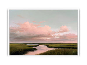 Soft pink marsh landscape canvas art for serene living room decor.