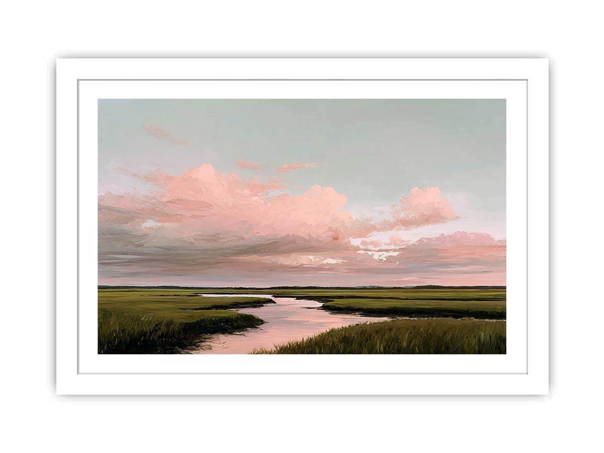 Soft pink marsh landscape canvas art for serene living room decor.