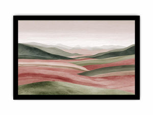 Blush green valley landscape canvas art for calm bedroom styling.