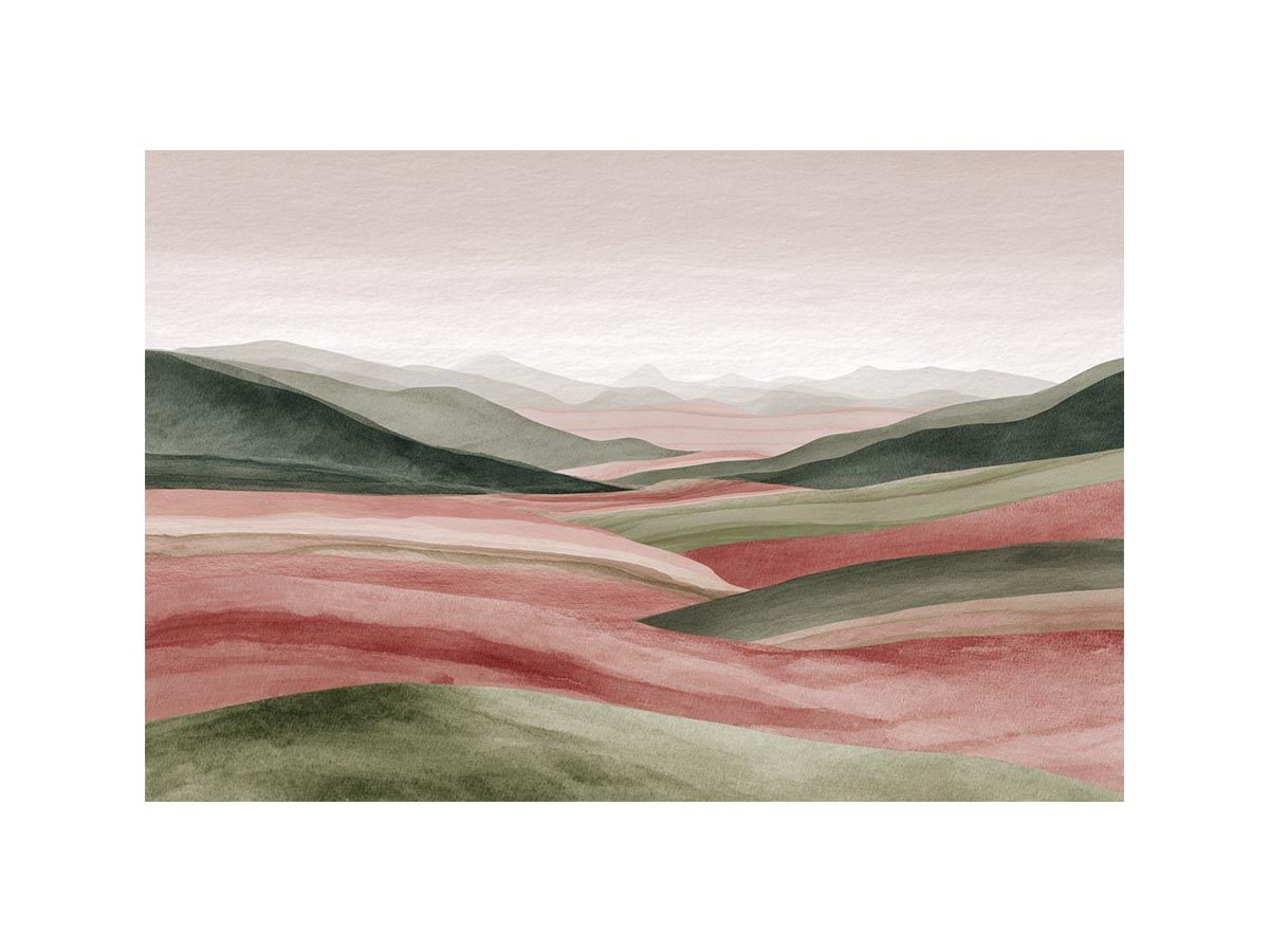 Blush green valley landscape canvas art for calm bedroom styling.