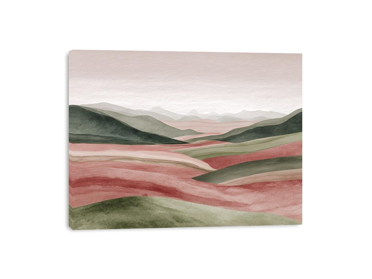 Blush green valley landscape canvas art for calm bedroom styling.