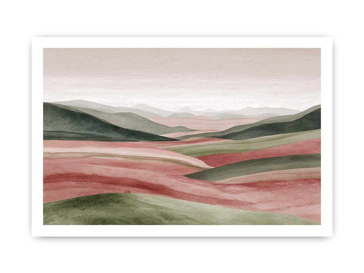 Blush green valley landscape canvas art for calm bedroom styling.
