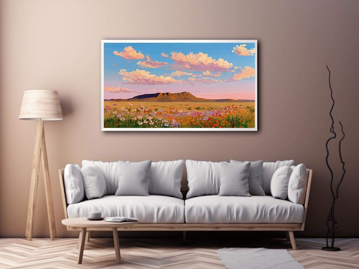 Colorful desert wildflower canvas art for vibrant living room decor.