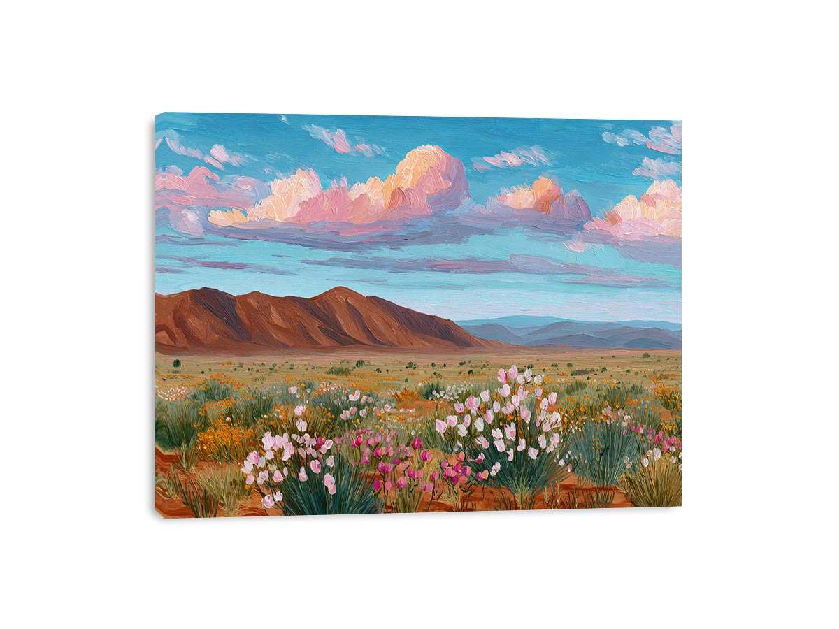 Vibrant desert wildflower landscape canvas art for modern living room decor.