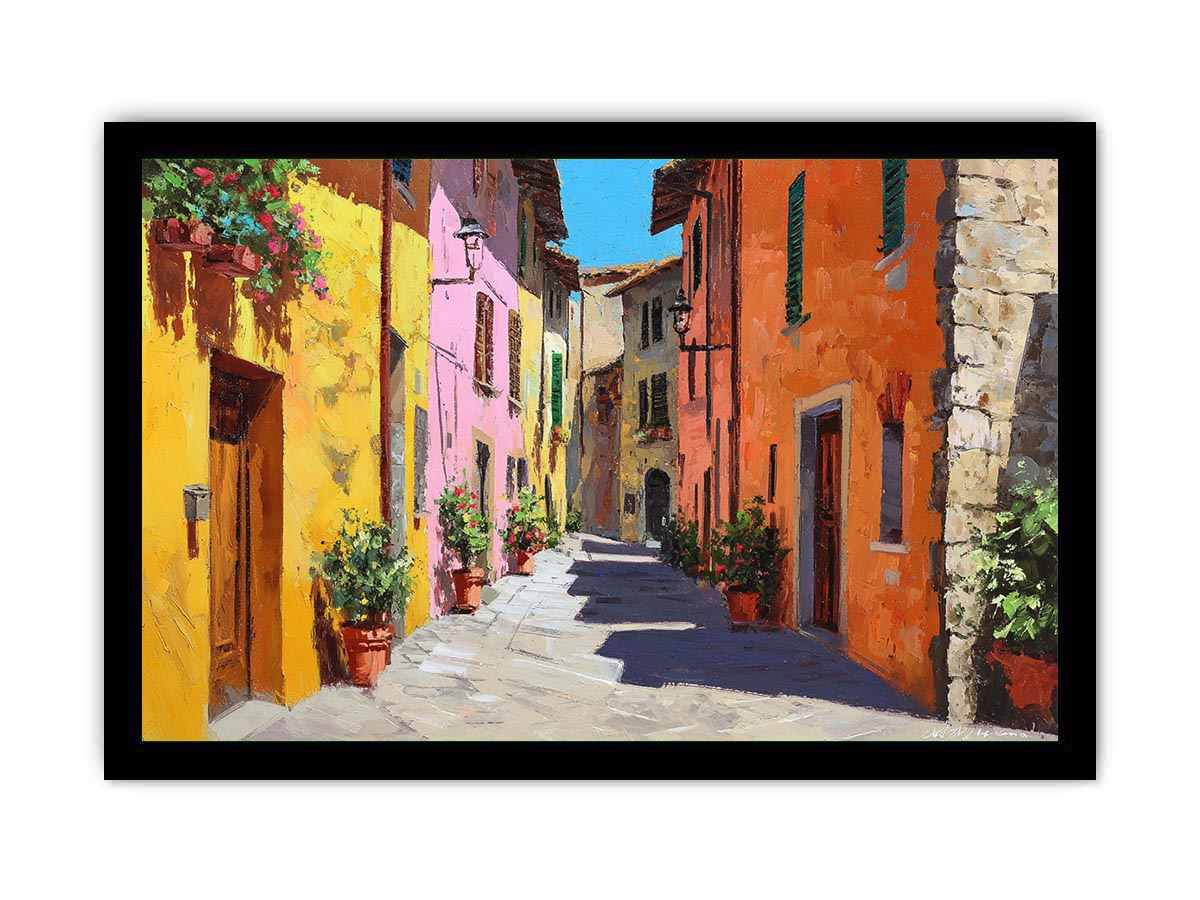 Colorful Tuscan street canvas art for warm dining room and hallway decor.