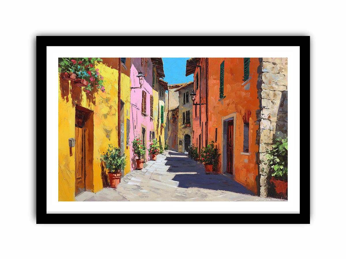 Colorful Tuscan street canvas art for warm dining room and hallway decor.
