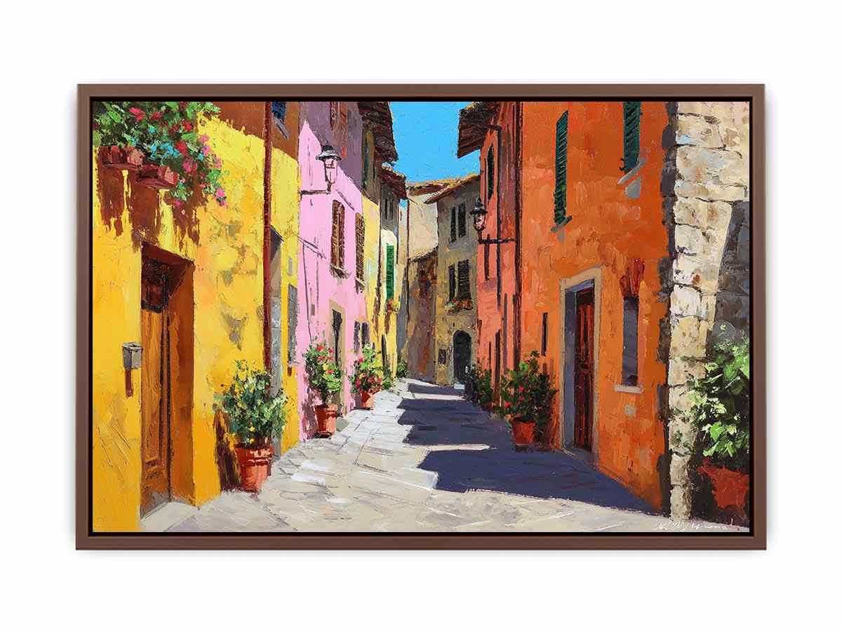 Colorful Tuscan street canvas art for warm dining room and hallway decor.