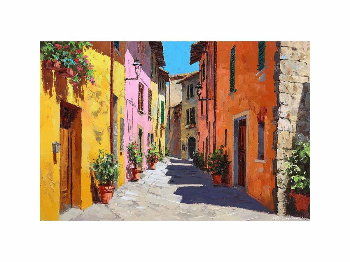 Colorful Tuscan street canvas art for warm dining room and hallway decor.
