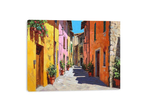 Colorful Tuscan street canvas art for warm dining room and hallway decor.