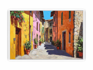 Colorful Tuscan street canvas art for warm dining room and hallway decor.