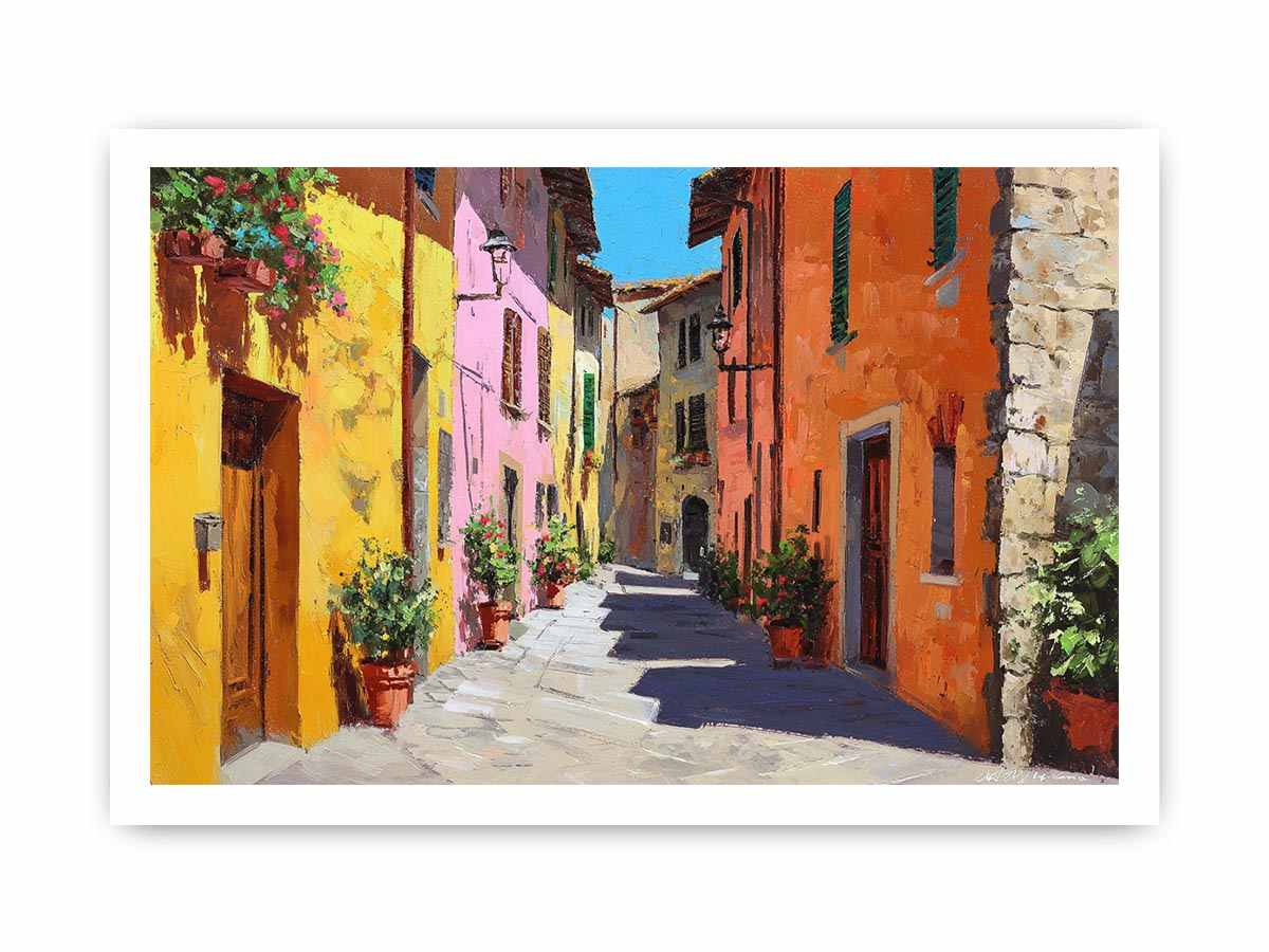 Colorful Tuscan street canvas art for warm dining room and hallway decor.
