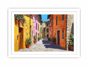 Colorful Tuscan street canvas art for warm dining room and hallway decor.