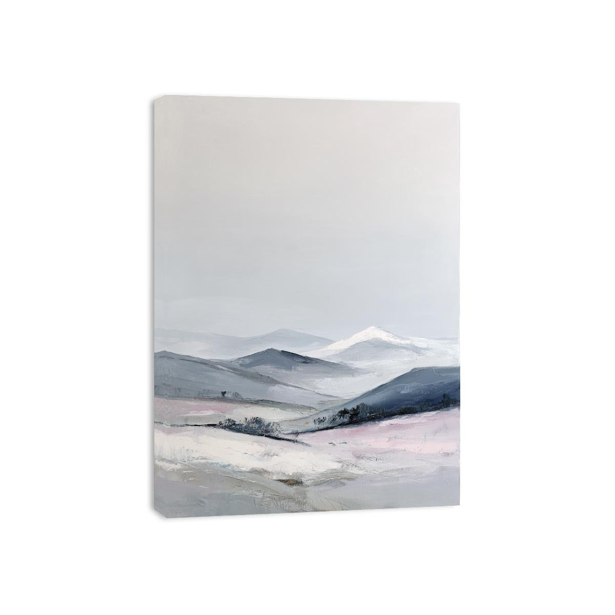Vertical snowy mountain canvas art for calm minimalist bedroom decor.