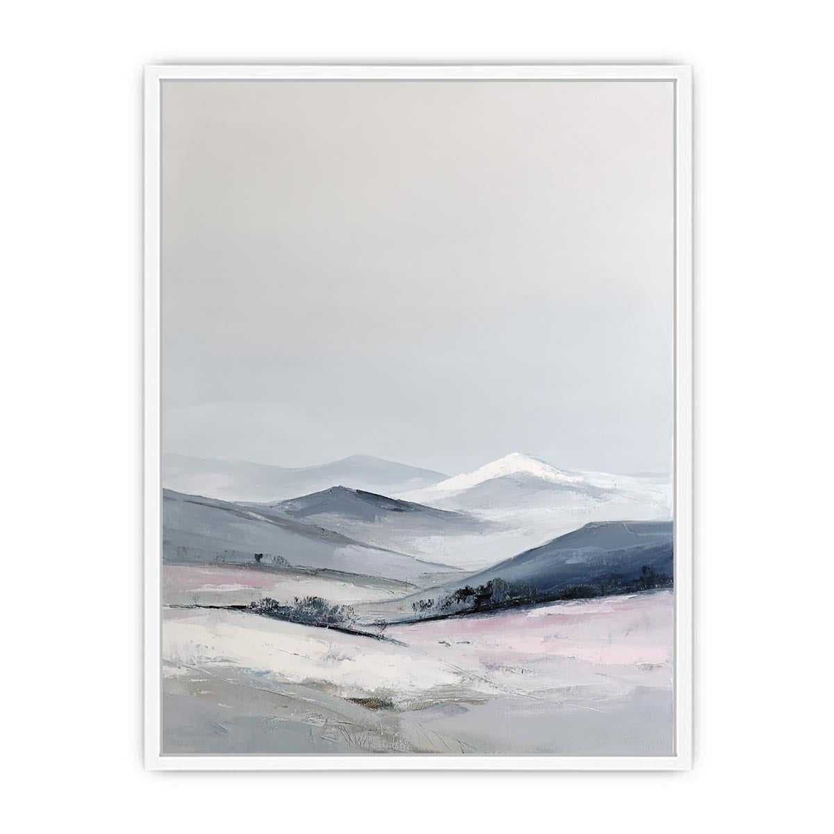 Vertical snowy mountain canvas art for calm minimalist bedroom decor.