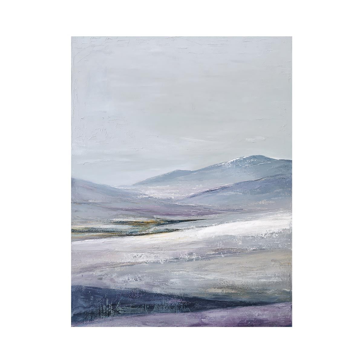 Misty lavender mountain canvas art for peaceful modern bedroom decor.