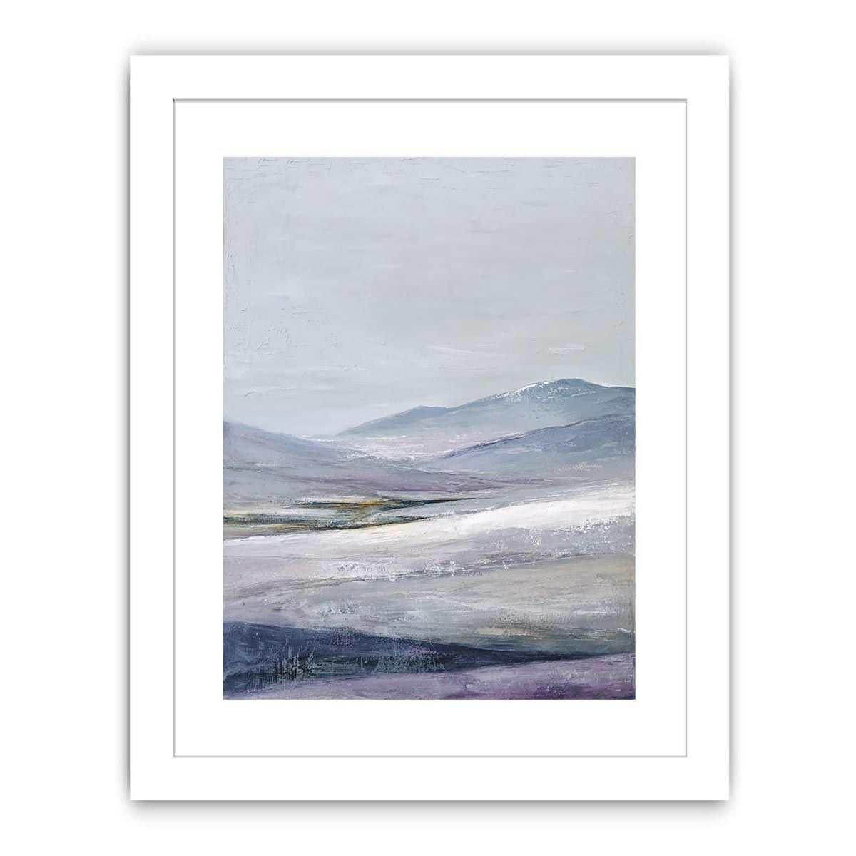 Misty lavender mountain canvas art for peaceful modern bedroom decor.