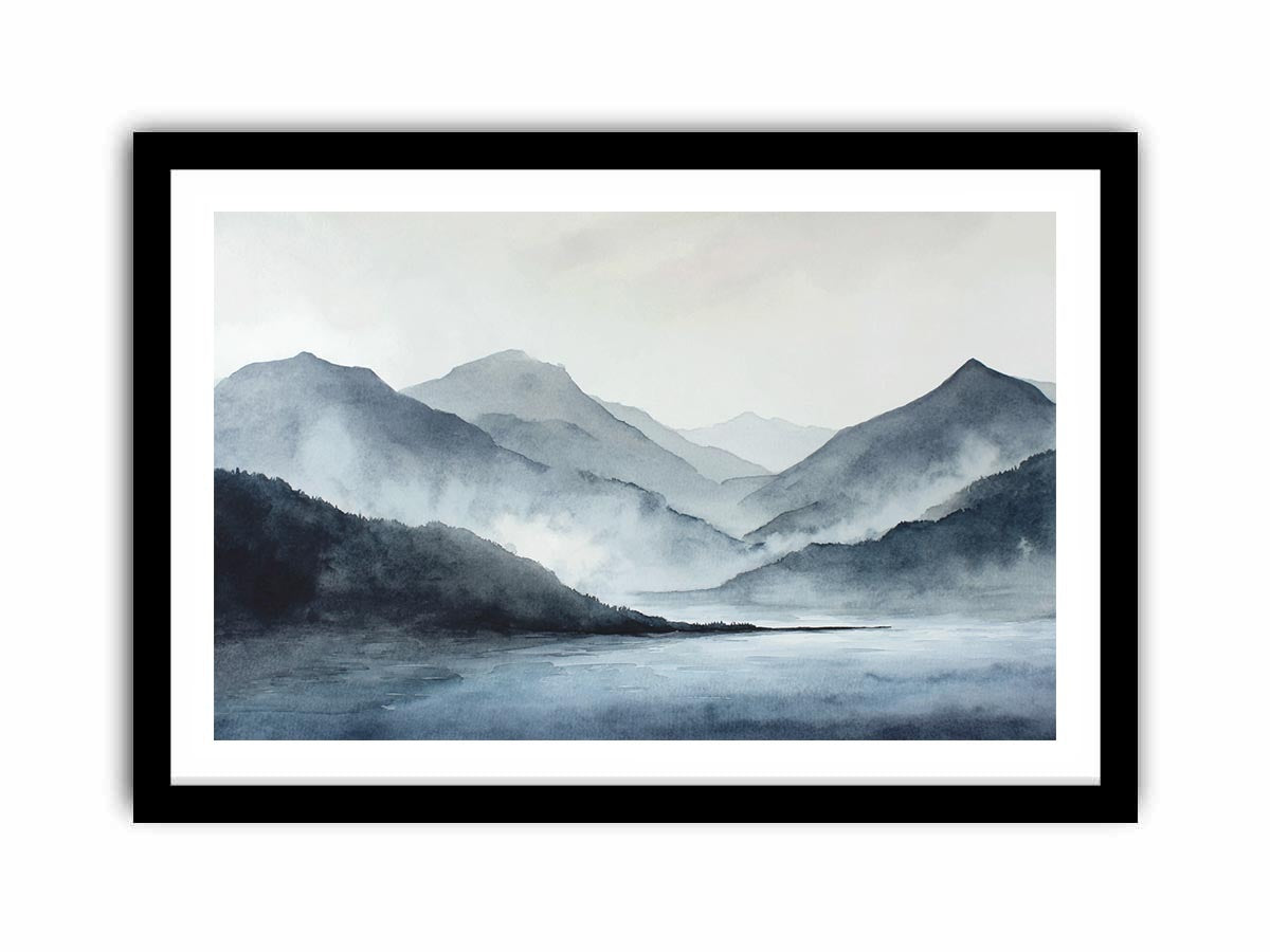 Blue mist mountain lake canvas art for serene bedroom and office decor.
