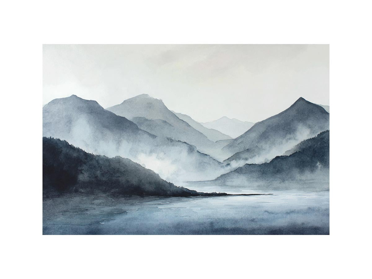 Blue mist mountain lake canvas art for serene bedroom and office decor.