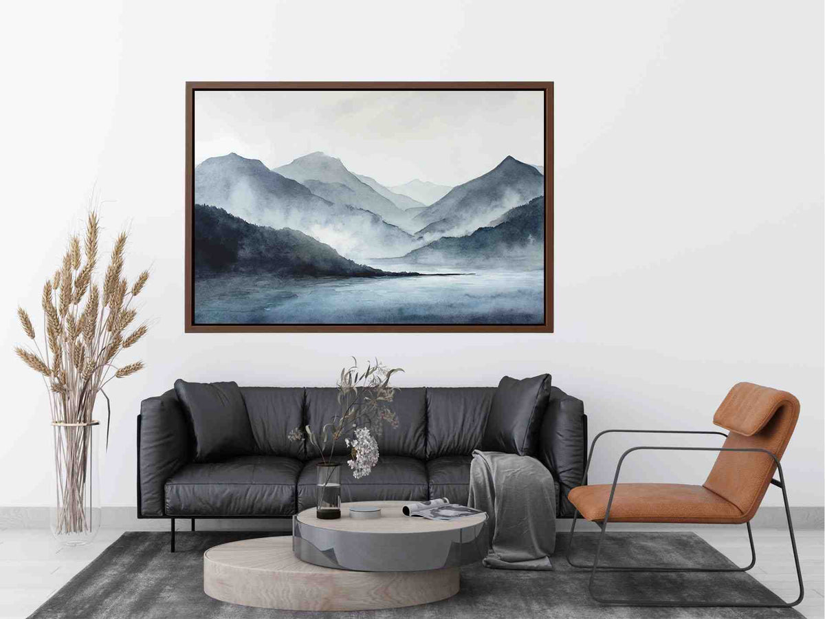 Blue mist mountain lake canvas art for serene bedroom and office decor.