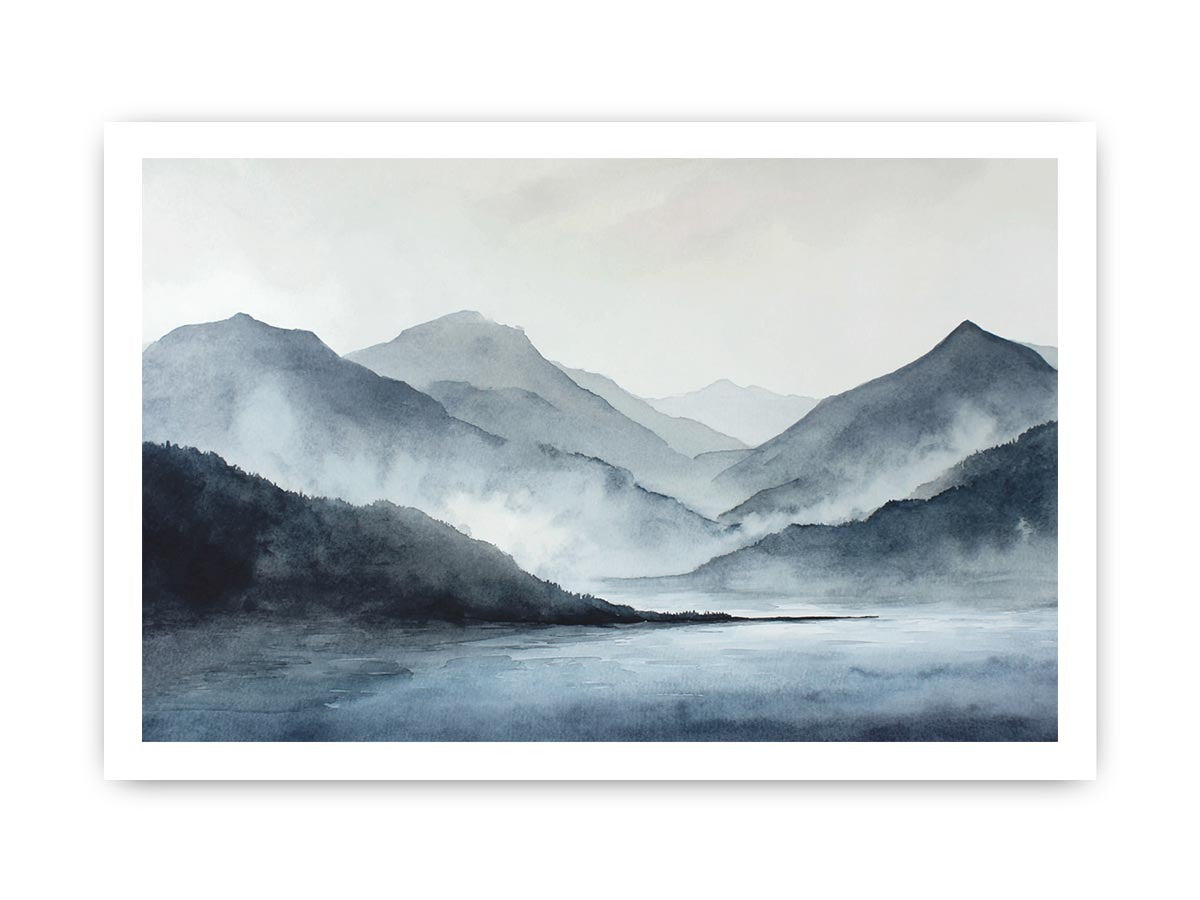 Blue mist mountain lake canvas art for serene bedroom and office decor.