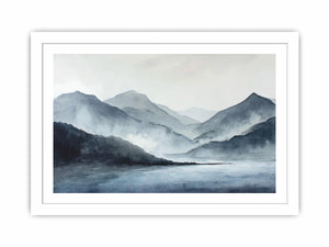 Blue mist mountain lake canvas art for serene bedroom and office decor.