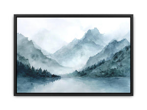 Dramatic misty mountain lake canvas art for luxury living room decor.