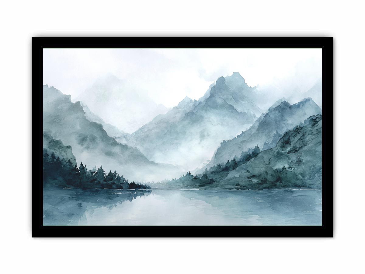 Dramatic misty mountain lake canvas art for luxury living room decor.