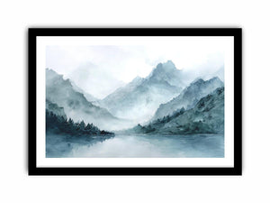 Dramatic misty mountain lake canvas art for luxury living room decor.