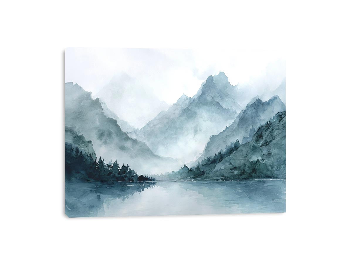 Dramatic misty mountain lake canvas art for luxury living room decor.