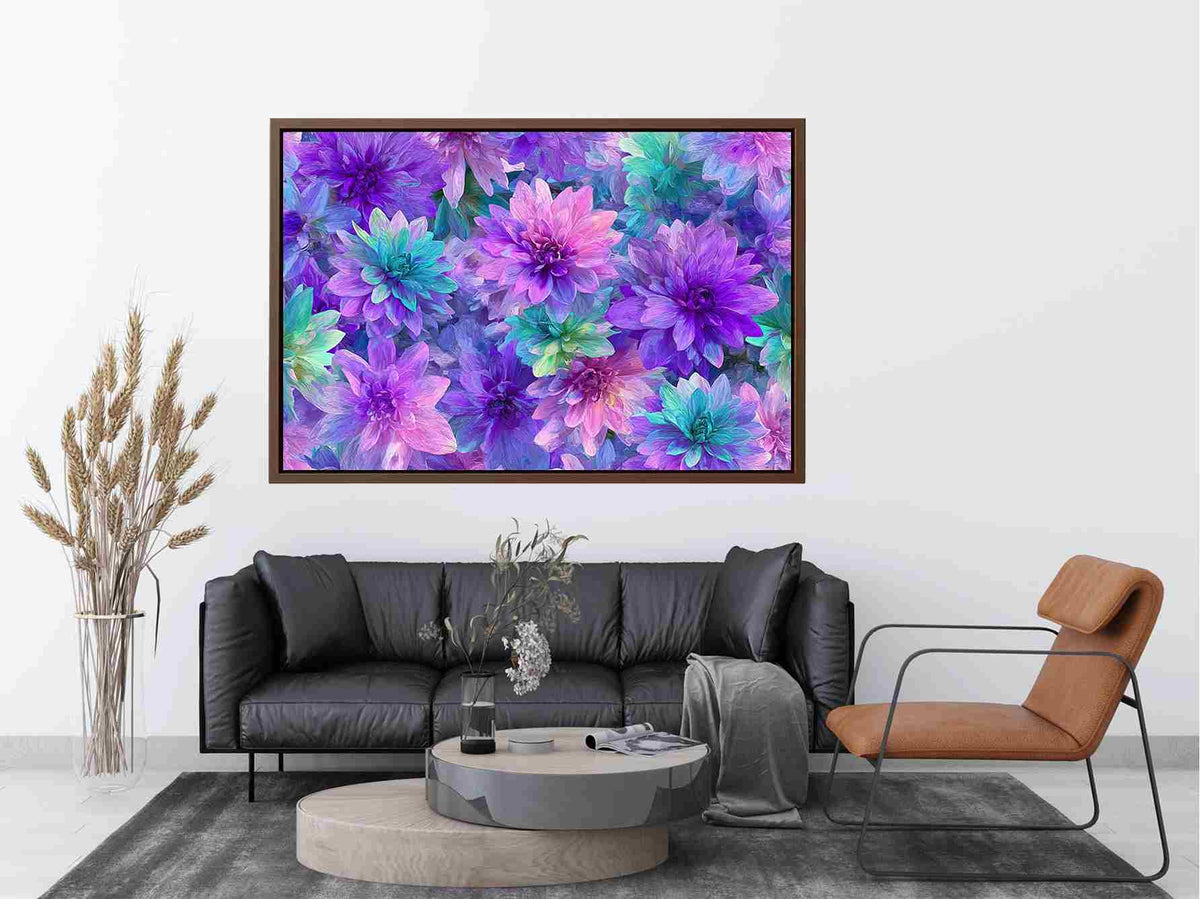 Vibrant purple teal floral canvas art for colorful bedroom decor.