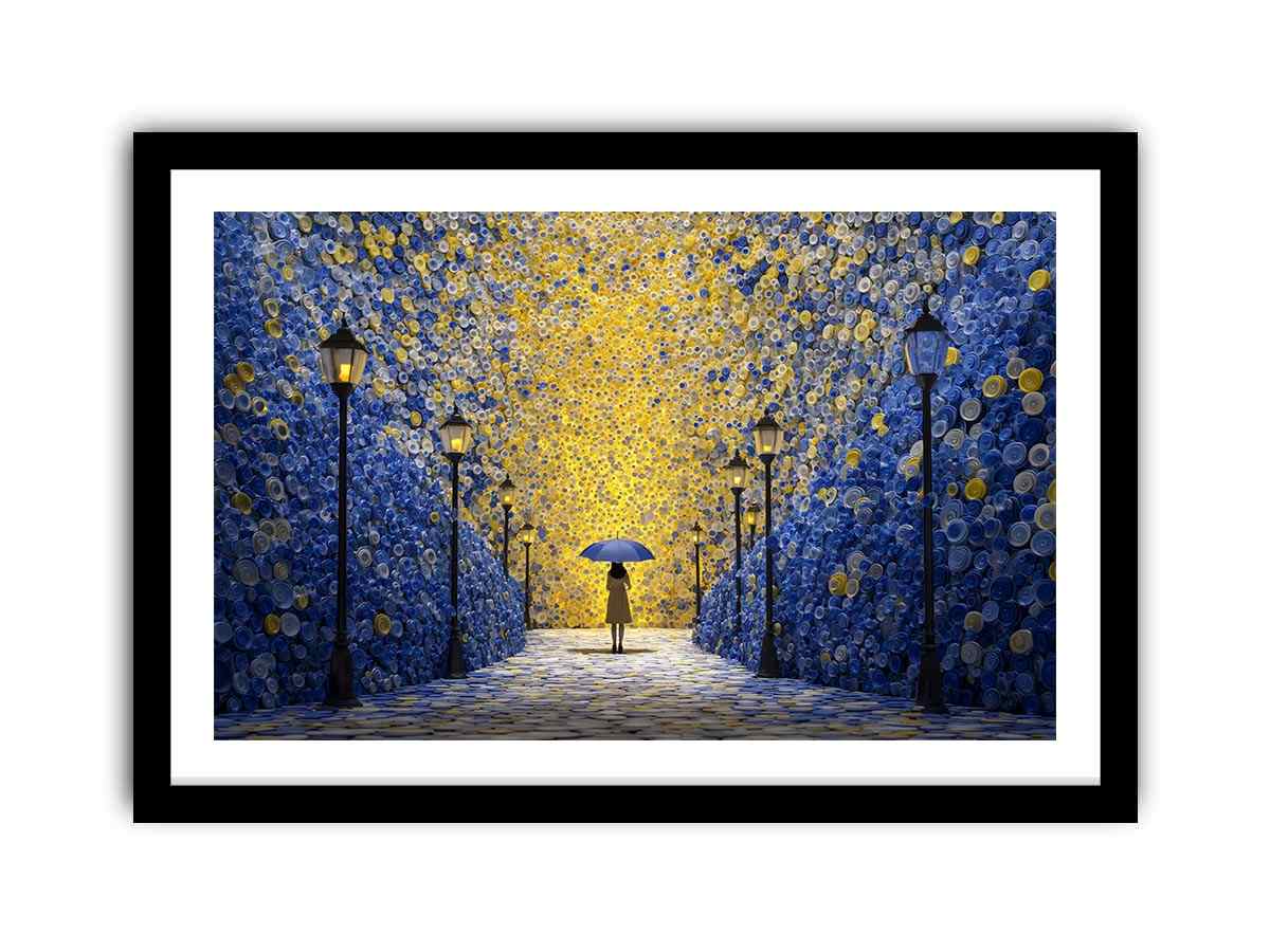 Surreal blue gold umbrella corridor canvas art for dramatic hallway decor.