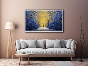 Surreal blue gold umbrella corridor canvas art for dramatic hallway decor.