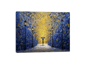 Surreal blue gold umbrella corridor canvas art for dramatic hallway decor.