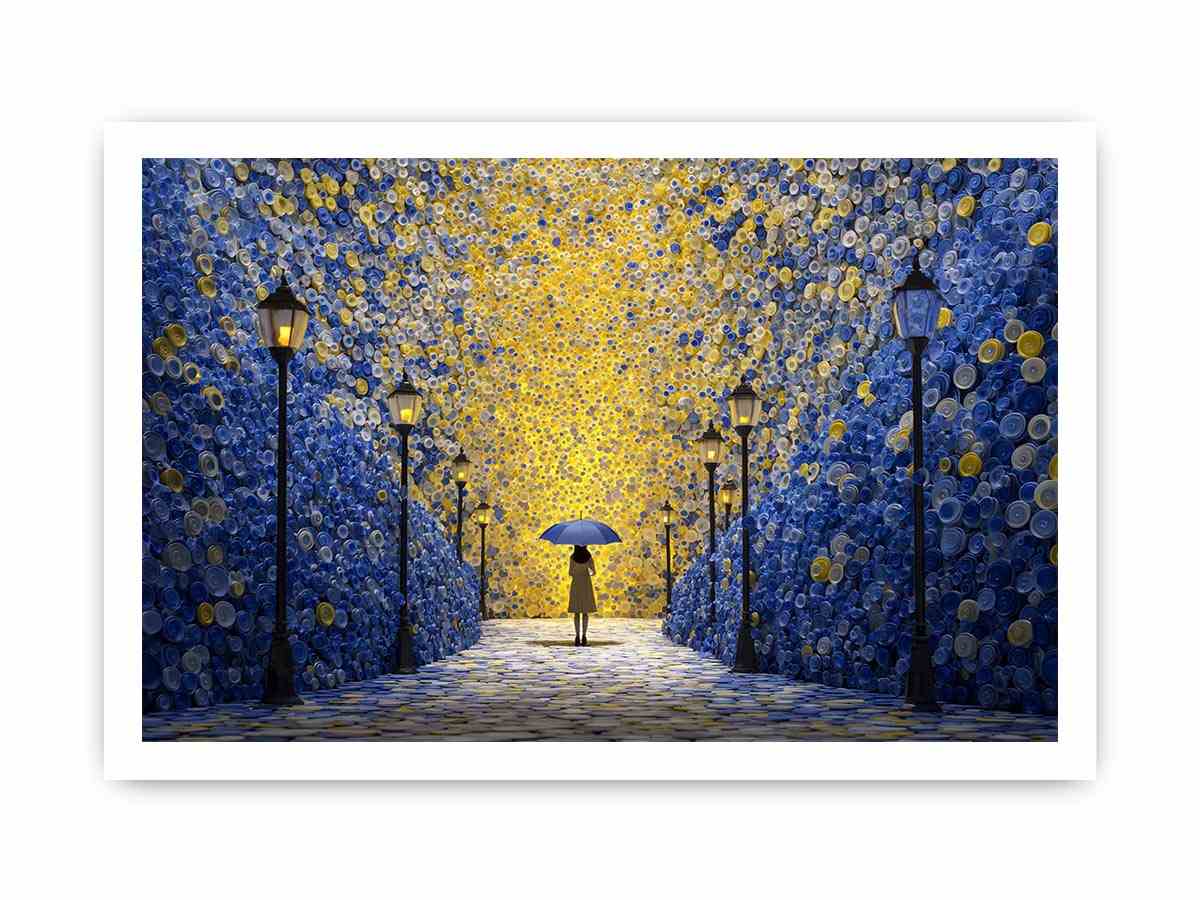 Surreal blue gold umbrella corridor canvas art for dramatic hallway decor.